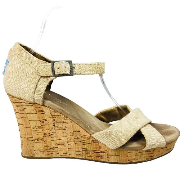 Toms Women's Tan High Heel Canvas Open Toe Cork Wedge Sandals W10 - Picture 1 of 10